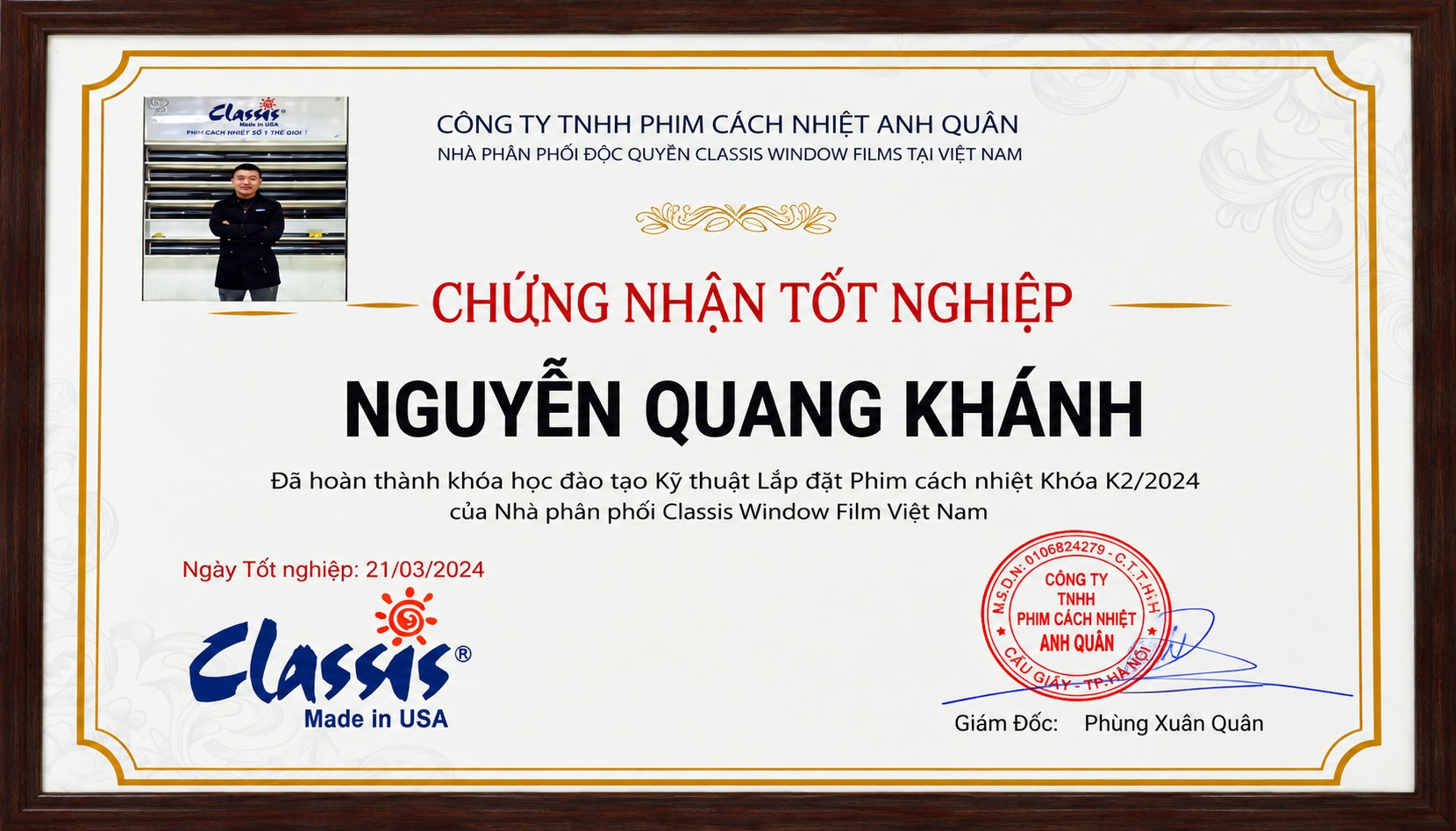 Chứng nhận tốt nghiệp khóa kỹ thuật lắp đặt phim cách nhiệt Classis